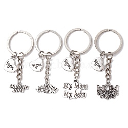 Alloy Keychains, with Iron Keychain Rings, Mother's Day Theme Word, Antique Silver, 66~74mm(KEYC-JKC01045)