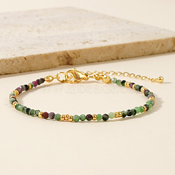 Bohemian Style Natural Mixed Gemstone Round Beaded Bracelets for Women, with Real 18K Gold Plated Brass Beads, Inner Diameter: 6-1/2 inch(16.5cm)~6-3/4 inch(17cm)(YR2186-4)
