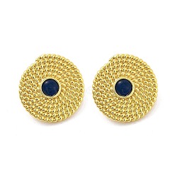 Rack Plating Flat Round Brass Stud Earrings, with Cat Eye, Lead Free & Cadmium Free, Long-Lasting Plated, Real 18K Gold Plated, 21.5x22mm(EJEW-M029-07G)