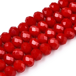 Opaque Solid Color Imitation Jade Glass Beads Strands, Faceted, Rondelle, Crimson, 6x5mm, Hole: 1mm, about 80~85pcs/strand, 38~40cm(EGLA-A044-P6mm-D15)
