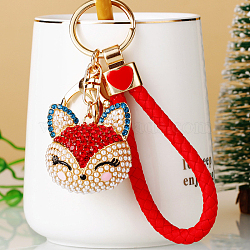 Full Rhinestone Pearl Fox Head Pendant Keychain, with Zinc Alloy Findings and Polyester Cord, for Women's Bag Pendant Decorations, Red, 100mm(WG98948-04)