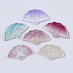 Transparent Spray Painted Glass Pendants, with Glitter Powder or AB Color Plated, Fan, Mixed Color, 20x34.5x3.5mm, Hole: 1.2mm(GLAA-R212-01)