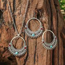 Bohemian Ethnic Style Zinc Alloy & Synthetic Turquoise Pendant Necklaces & Dangle Earrings Sets, Antique Silver, Ring, 390mm(WG7E01E-07)