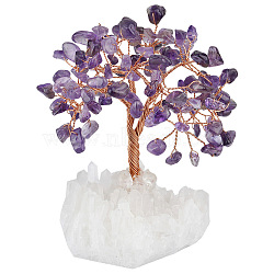 Natural Amethyst Chips Tree Decorations, Natural Quartz Crystal Cluster Base Copper Wire Feng Shui Energy Stone Gift for Home Desktop Decoration, 114~140x76~89mm(PW23101889558)