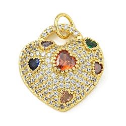 Rack Plating Brass Pave Cubic Zirconia Pendants, Lead Free & Cadmium Free, Real 18K Gold Plated, Heart, Real 18K Gold Plated, 21x19.5x6mm, Hole: 4.5mm(KK-U029-08G-02)