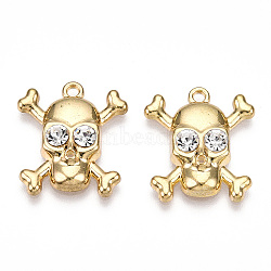 Rack Plating Alloy Rhinestone Pendants, Cadmium Free & Nickel Free & Lead Free, Skull Charms, Golden, 21.5x19x4mm, Hole: 1.6mm(PALLOY-N176-108A-G)