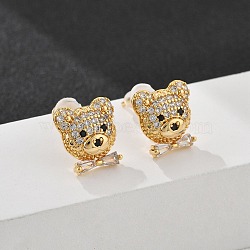 Bear Brass Micro Pave Clear Cubic Zirconia Stud Earrings, with Silicone Earplugs, Long-Lasting Plated, Real 18K Gold Plated, 10.5x10mm(EJEW-B131-05G)