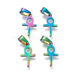 Easter Ion Plating(IP) 304 Stainless Steel Pendants, Laser Cut, Ankh Cross, Rainbow Color, 20x11x1.5mm, Hole: 3.5x7mm(STAS-L216-29M)