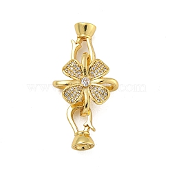 Rack Plating Flower Brass Micro Pave Clear Cubic Zirconia Fold Over Clasps, Long-Lasting Plated, Lead Free & Cadmium Free, Golden, 35mm(KK-F876-02G)