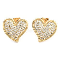 Brass Pave Cubic Zirconia Stud Earrings, Heart, Golden, 17x19mm(EJEW-U005-10G)