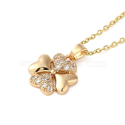 Brass Micro Pave Clear Cubic Zirconia Pendant Necklaces for Women, 201 Stainless Steel Cable Chain Necklaces, Clover, 16.14 inch(41cm), Pendant: 15x13mm(NJEW-E106-05KCG-01)