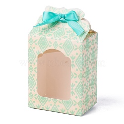Rectangle Foldable Creative Paper Gift Box, Diamond Pattern with Clear Window and Ribbon, Light Green, 6.8x9.8x15cm(CON-O005-04)