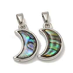 Rack Plating Brass Natural Paua Shell Pendants, Moon, Platinum, 15.5x10x3.5mm, Hole: 5X2.5mm(KK-U025-06P-02)