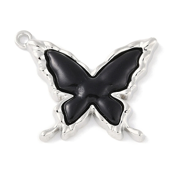 Rack Plating Alloy Enamel Pendants, Cadmium Free & Nickel Free & Lead Free, Butterfly Charm, Platinum, Black, 20.5x27.5x3mm, Hole: 1.6mm