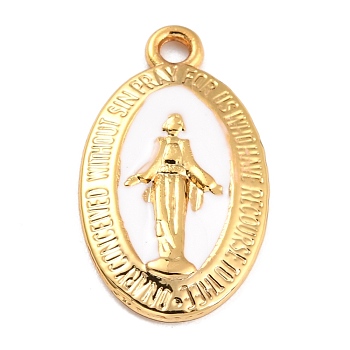Golden Alloy Enamel Pendants, Long-Lasting Plated, Our Lady of the Miraculous Medal, Oval, White, 21x12x1.5mm, Hole: 1.7mm