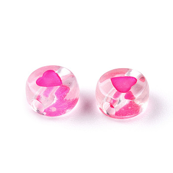 Transparent Acrylic Enamel Beads, Flat Round with Heart, Deep Pink, 7x4mm, Hole: 1.8mm, about 108000~111000pcs/15000g