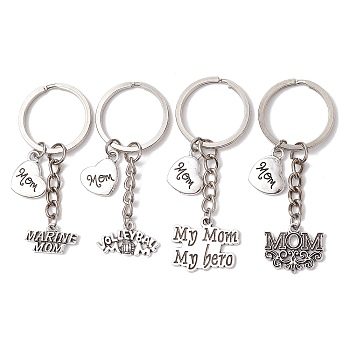 Alloy Keychains, with Iron Keychain Rings, Mother's Day Theme Word, Antique Silver, 66~74mm
