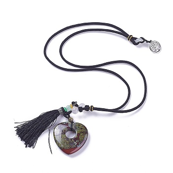 Natural Dragon Blood Pendant Necklaces, with Nylon Cord and Alloy Findings, Adjustable, Heart, Platinum, 12.6 inch~13 inch(32~33cm)