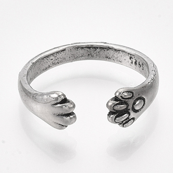 Alloy Cuff Finger Rings, Paw Print, Antique Silver, Size 8, 18mm