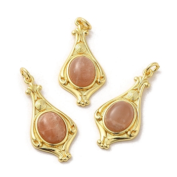 Natural Sunstone Pendants, Teardrop Charms with Rack Plating Platinum Tone Brass Findings, Cadmium Free & Lead Free, 30x14.5x5.7mm, Hole: 2.7mm