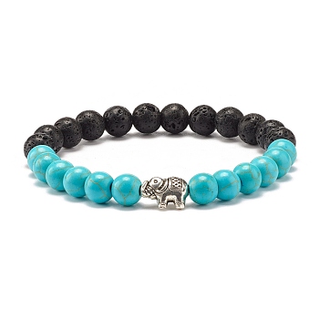 Round Synthetic Turquoise & Natural Lava Rock Stretch Bracelet, Oil Diffuser Power Stone Bracelet with Elephant Beads for Women, Elephant Pattern, Inner Diameter: 2-1/4 inch(5.8cm), Elephant: 12x8.5x5mm