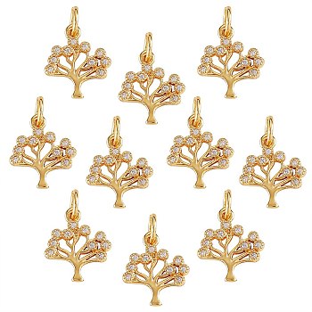 Brass Micro Pave Clear Cubic Zirconia Pendants, with Jump Ring, Long-Lasting Plated, Tree, Golden, 13x11x2mm, Jump Ring: 5x0.9mm, 3mm Inner Diameter