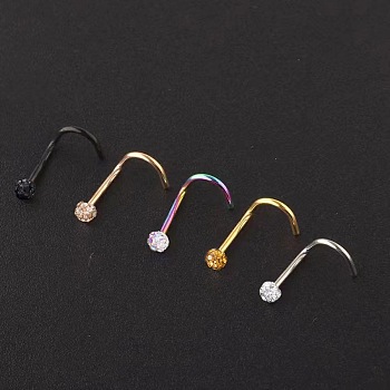 304 Stainless Steel Rhinestone Round Ball Fishtail Nose Rings, Rose Gold, 7mm, Pin: 0.8mm, Head: 3mm