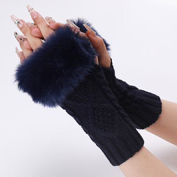 Polyacrylonitrile Fiber Yarn Knitting Fingerless Gloves, Fluffy Winter Warm Gloves with Thumb Hole, Prussian Blue, 200~260x125mm