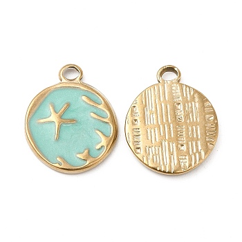 Vacuum Plating 201 Stainless Steel Enamel Pendants, Real 18K Gold Plated, Flat Round with Starfish Charm, Pale Turquoise, 19x15x2mm, Hole: 2.6mm