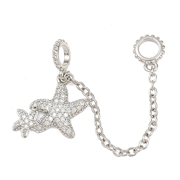 Double Starfish Brass Micro Pave Clear Cubic Zirconia Safety Chains, Long-Lasting Plated, Rack Plating, Platinum, 76mm, Hole: 4.5mm