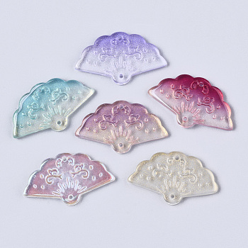 Transparent Spray Painted Glass Pendants, with Glitter Powder or AB Color Plated, Fan, Mixed Color, 20x34.5x3.5mm, Hole: 1.2mm
