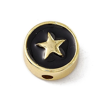 Brass Enamel Beads, Long-Lasting Plated, Cadmium Free & Lead Free, Real 18K Gold Plated, Flat Round with Star, Black, 11x4.5mm, Hole: 1.8mm