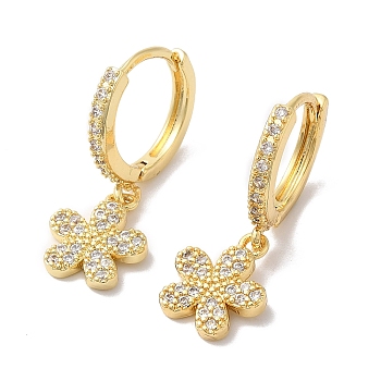 Clear Cubic Zirconia Flower Dangle Hoop Earrings, Brass Jewelry for Women, Real 18K Gold Plated, 25.5mm, Pin: 0.7mm