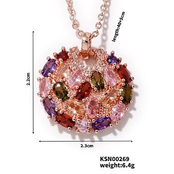 Brass Colorful Rhinestone Pendant Necklaces for Women, Fashionable and Versatile, Rose Gold, Flat Round, 15.75 inch(40cm)