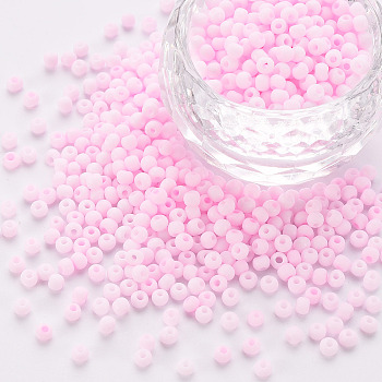 8/0 Opaque Glass Seed Beads, Round Hole, Frosted Colours, Round, Pearl Pink, 3~4x2~3mm, Hole: 0.8mm, about 333pcs/10g