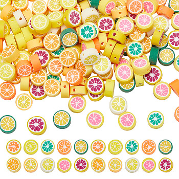 170Pcs 10 Styles Handmade Polymer Clay Fruit Beads, Lemon Slice, Mixed Color, 8~10.5x3.5~5.5mm, Hole: 1.2~1.6mm, 17pcs/style