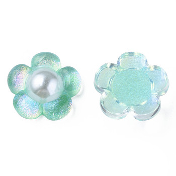 Translucent Epoxy Resin Cabochons, with ABS Plastic Imitation Pearl and Glitter Powder, Flower, Turquoise, 19x19.5x6.5mm