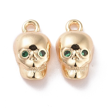 Brass Micro Pave Green Cubic Zirconia Charms, Cadmium Free & Lead Free, Skull, Real 14K Gold Plated, 10.5x5.5x3.5mm, Hole: 1mm