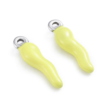 304 Stainless Steel Pendants, Enamelled Sequins, Horn of Plenty/Italian Horn Cornicello Charms, Stainless Steel Color, Yellow, 17.5x4.5x3.5mm, Hole: 1mm