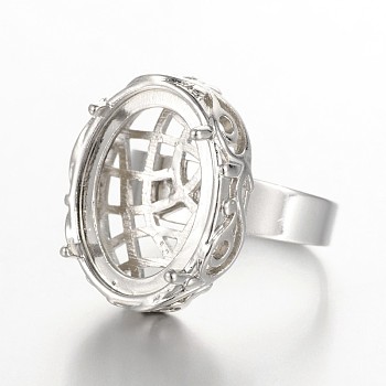 Adjustable Brass Filigree Ring Setting Components, with Oval Cabochon Bezel Settings, Platinum, Tray: 13x18mm, 18mm