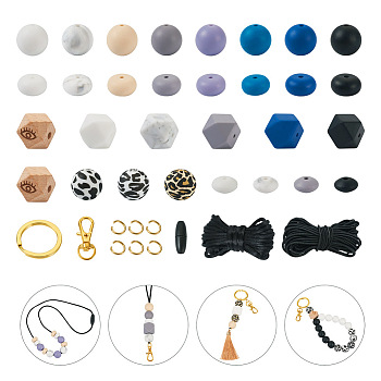 DIY Beaded Keychain Bracelet Making Kit, Including Alloy Split Key Rings & Clasps, Plastic Clasps, Silicone & Wood European Beads, Octagon with Eye & Hexagon & Round, Mixed Color