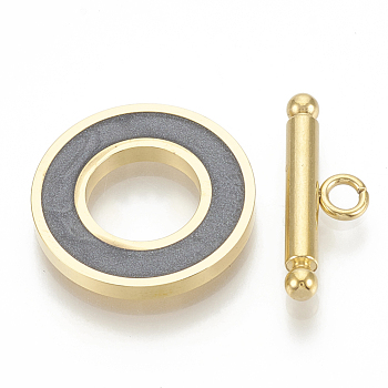 201 Stainless Steel Toggle Clasps, with Enamel, Ring, Golden, Gray, Ring: 19.5x2mm, Inner Diameter: 10mm, Bar: 21x7x3mm, Hole: 2mm