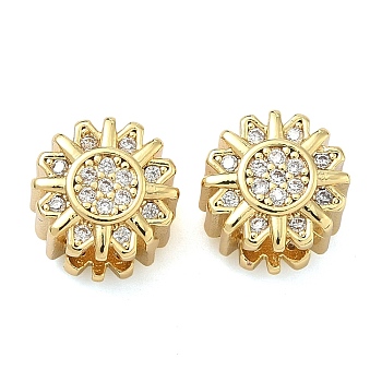 Flower Brass Micro Pave Clear Cubic Zirconia European Beads, Cadmium Free & Lead Free, Rack Plating, Long-Lasting Plated, Real 18K Gold Plated, 10.5x8.5mm, Hole: 5mm