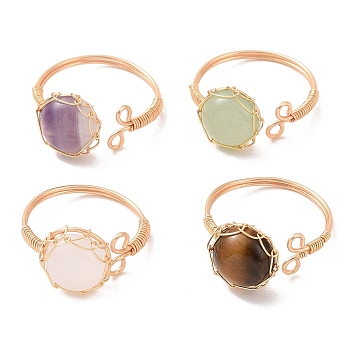 Natural Mixed Gemstone Half Round Open Cuff Rings, Light Gold Copper Wire Wrapped Jewelry, Mixed Color, Inner Diameter: 18~19mm