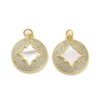 Brass Micro Pave Clear Cubic Zirconia Pendants, with Shell, Jump Rings, Real 18K Gold Plated, Star, 20.5x18x4mm, Hole: 3.5mm