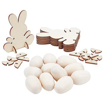 CHGCRAFT 10Pcs 3D Unfinished Wooden Egg Shape, for DIY Easter Egg, with 2 Bags Wooden Easter Bunny Display Decorations, Mixed Color, 19.5~32xx32~61x21.5~75mm