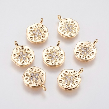 Brass Micro Pave Cubic Zirconia Charms, Flat Round, Real 18K Gold Plated, 10.5x8x2mm, Hole: 1mm