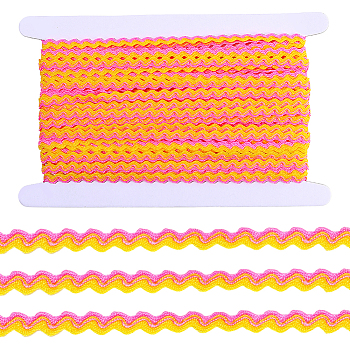 1 Roll Polyester with Paillette Wavy Fringe Trim Ribbon, with 1Pc Cardboard Display Card, Gift Accessories, Wave Bending Ribbon for Garment Accessories, Gold, 1/4 inch(8mm), about 18.59 Yards(17m)/Set