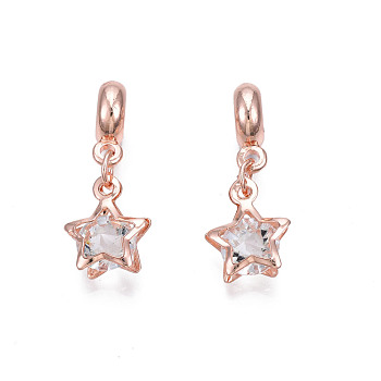 Rack Plating Alloy European Dangle Charms, with Resin Crystal Rhinestone, Large Hole Beads, Cadmium Free & Lead Free, Star, Rose Gold, 27mm, Hole: 4.5mm, Star: 14x11x6.5mm