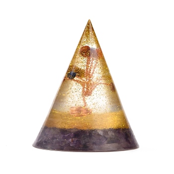 Orgonite Cone, Resin Pointed Home Display Decorations, with Natural Amethyst and Metal Findings, 60x50mm